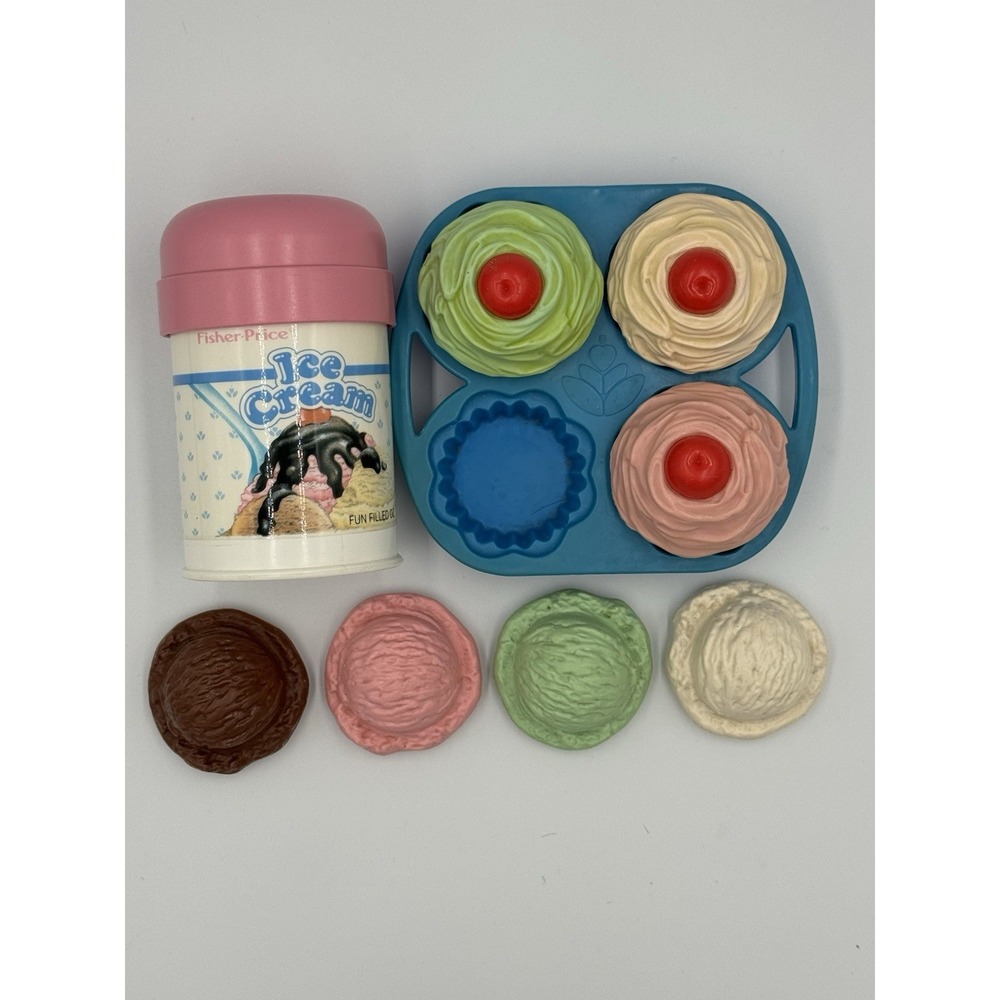 Fisher Price fun with food, 3 cupcakes in tray, 4 ice cream in container
